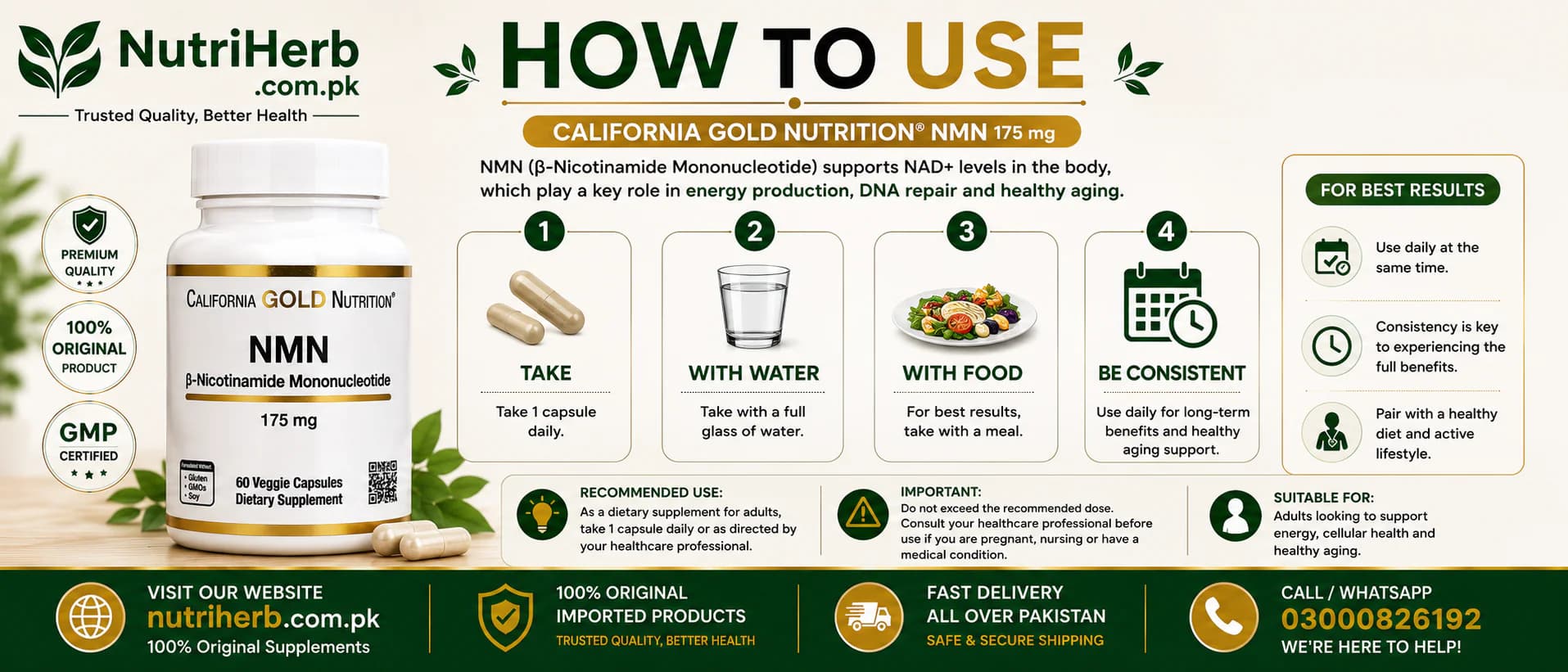 How to use California Gold Nutrition, NMN 175 Mg Capsules