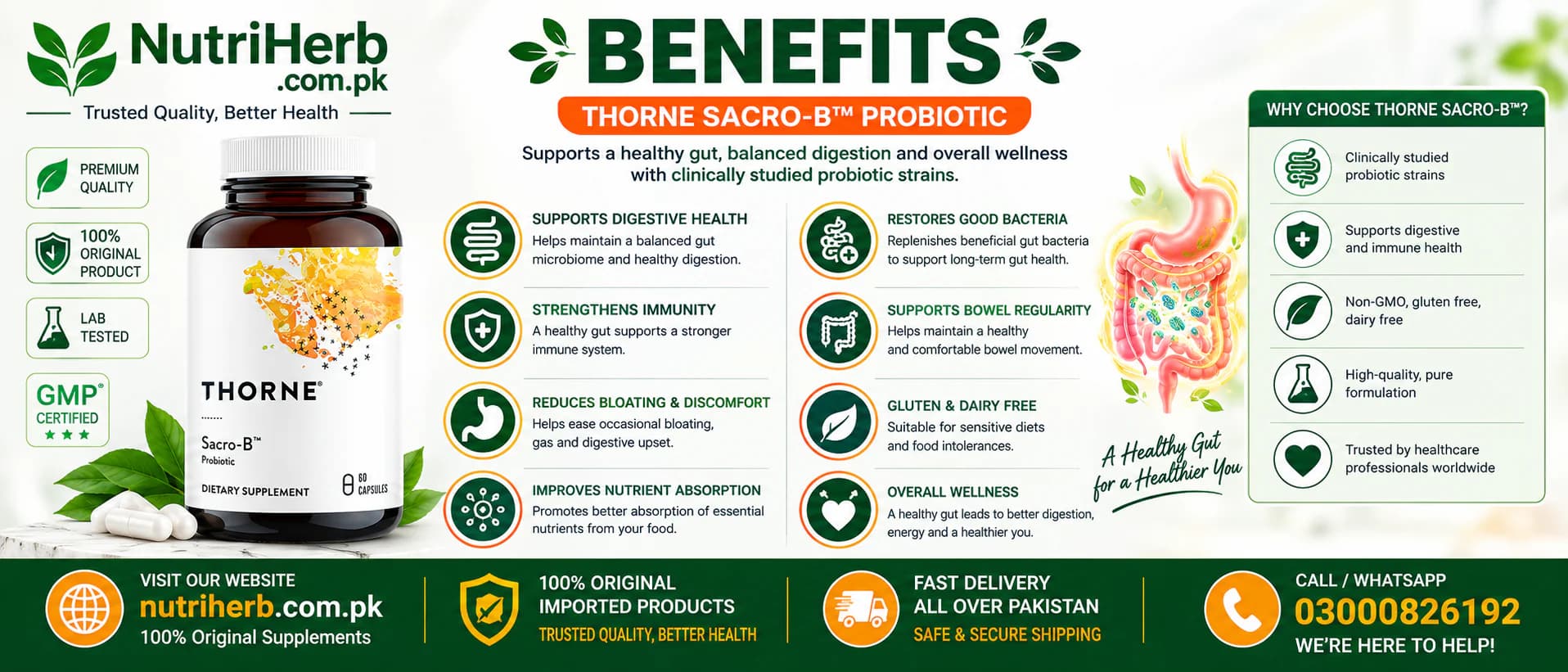 Thorne Sacro-B Probiotic 250mg Capsules - key benefits
